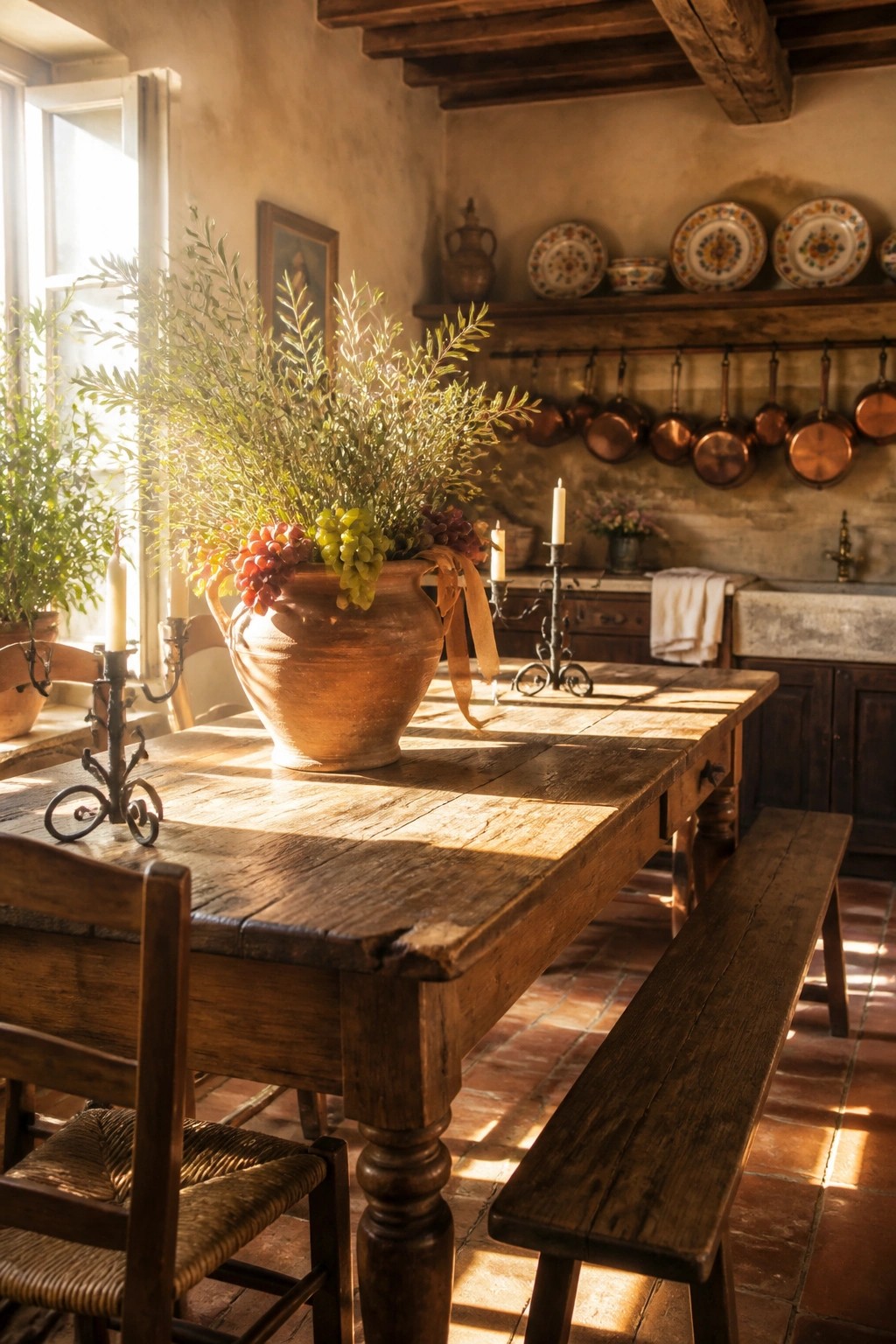 A large terracotta pot filled with greenery and grapes sits on a rustic wooden table in a sunlit kitchen with hanging copper pans and a window nearby.