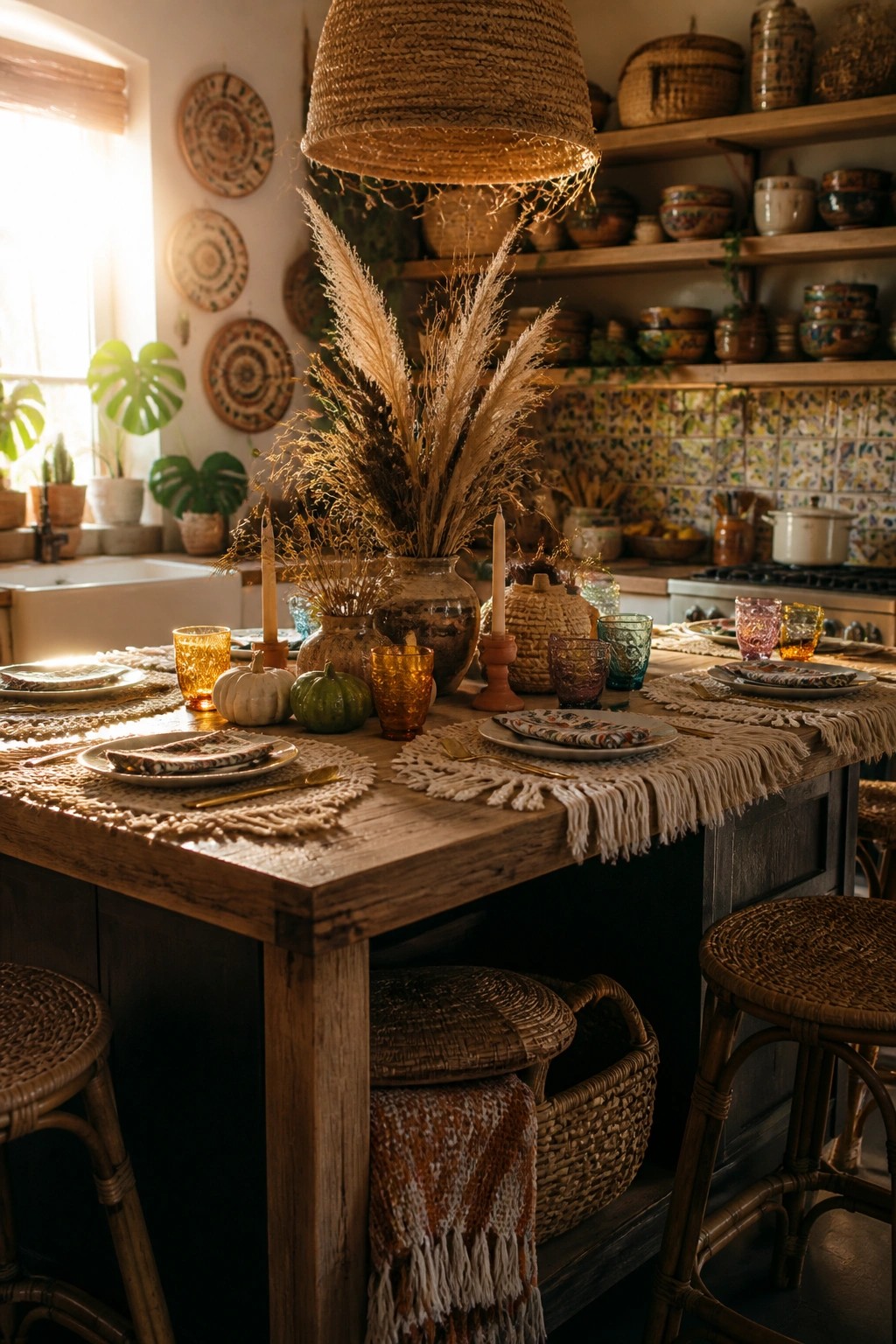 A rustic kitchen island table set for a meal with a large vase of dried pampas grass as the centerpiece, surrounded by plates, amber glasses, small pumpkins, and woven stools.