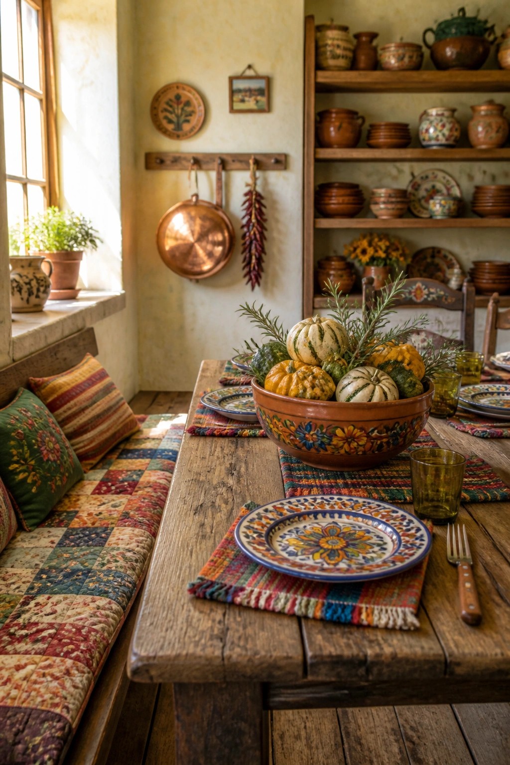 Rustic wooden table with colorful gourd-filled bowl, patterned plates, and patchwork bench.
