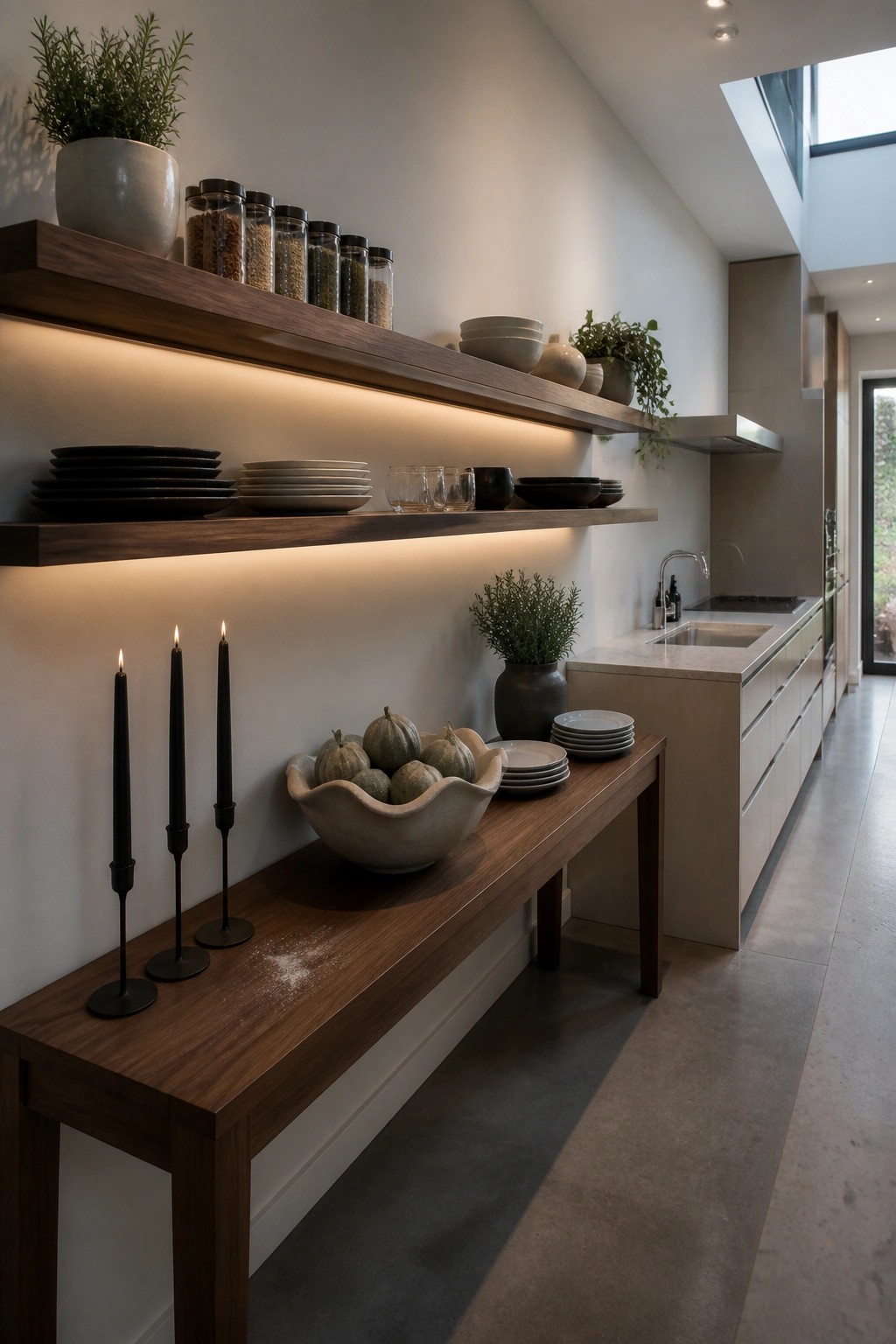 A kitchen with wooden floating shelves above a long narrow wooden console table holding black taper candles and a large ceramic bowl filled with gourds.
