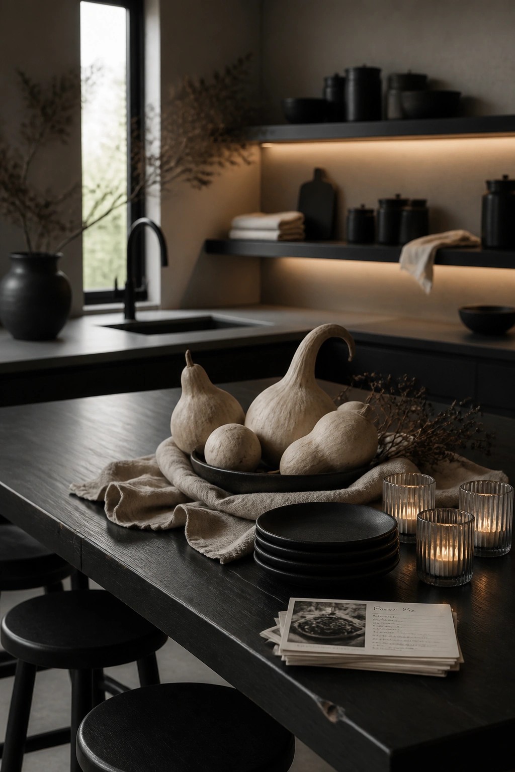 A dark wooden kitchen table holds a black bowl of pale gourds on a rumpled linen cloth, with stacked black plates, lit ribbed candles, and a recipe card nearby.