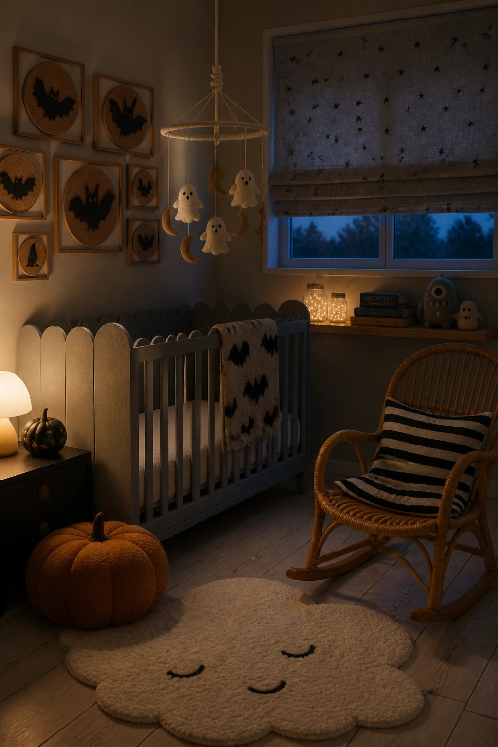 A softly lit nursery with a white crib, ghost-patterned blanket, hanging ghost and bat mobile, framed bat art on the wall, cloud-shaped rug, wicker rocking chair, and an orange pumpkin on the floor.