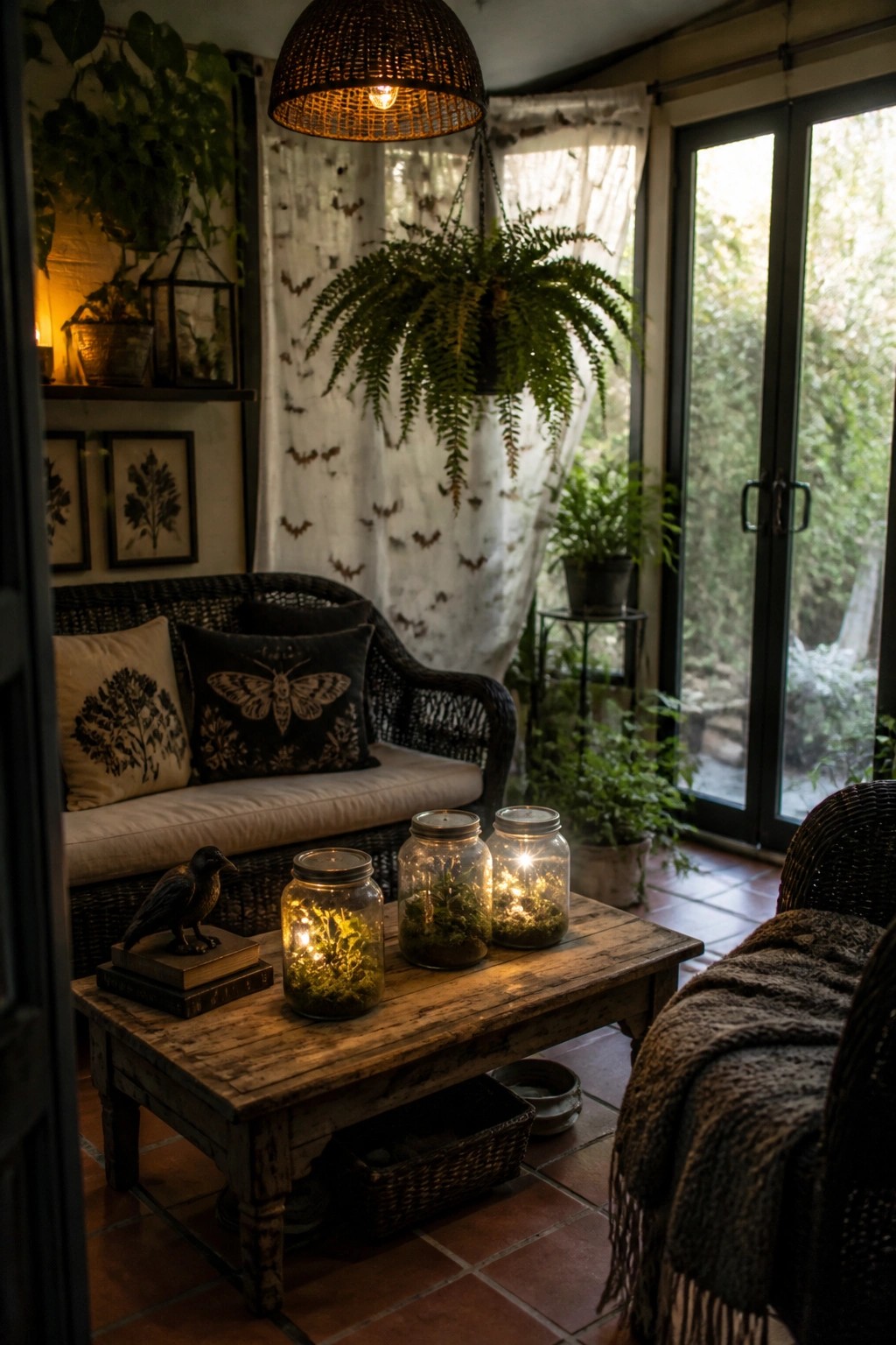A living room corner with a wicker sofa, moth-printed pillows, bat-patterned curtains, and a wooden table holding glowing moss-filled jars.