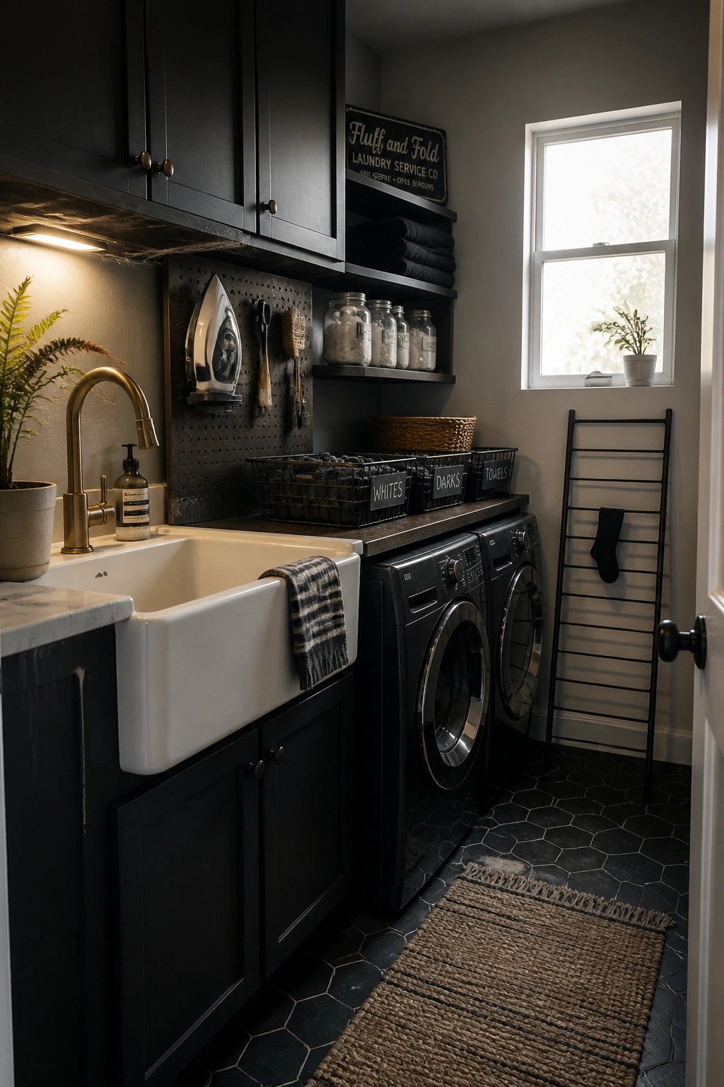 Laundry room with dark cabinets, white sink, black washing machines, and a pegboard holding an iron and tools on the wall.