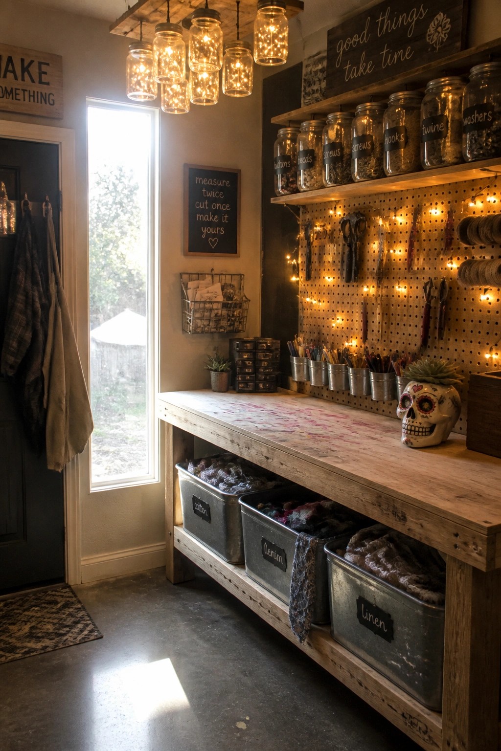Rustic craft room with wooden workbench, labeled bins, tool pegboard, and glowing jar lights.