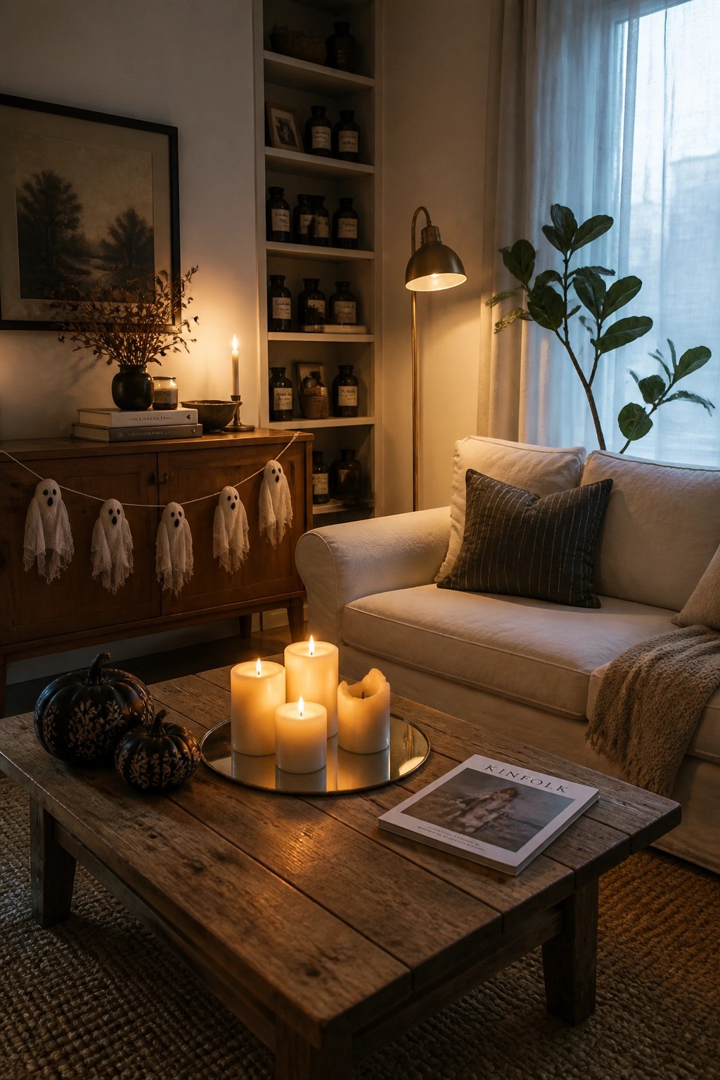 A living room interior with a ghost garland draped across a wooden sideboard, lit candles on a coffee table, and small black pumpkins nearby.