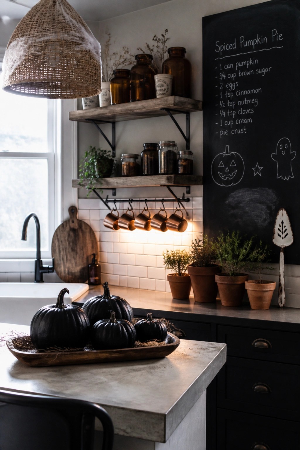 A kitchen with wooden shelves, copper mugs, potted plants, black pumpkins in a tray on the counter, and a chalkboard displaying a spiced pumpkin pie recipe with drawings of a jack-o-lantern and ghost.