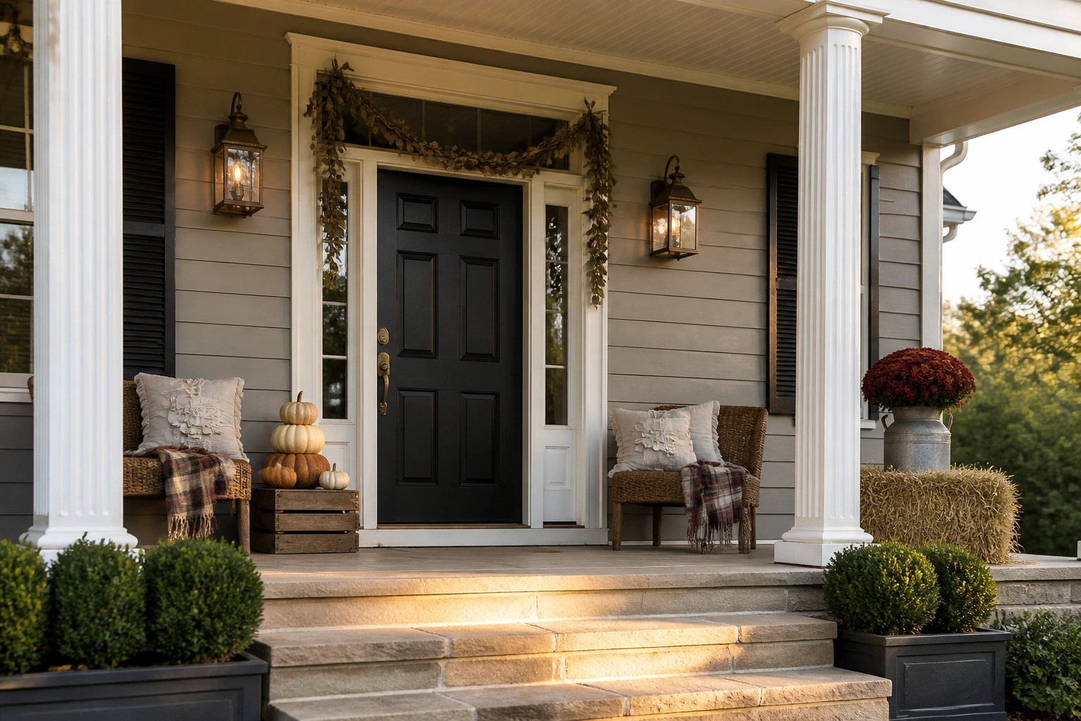 Front porch of a house with gray siding, white columns, black door, stacked pumpkins on wooden crates, and autumn garlands overhead.