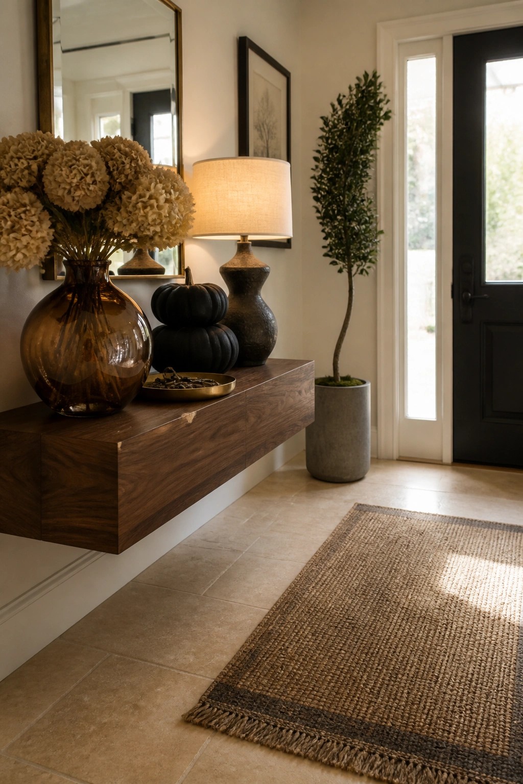 A wooden floating console table in a tiled entryway holds a brown glass vase with dried flowers, two black pumpkins, a lit table lamp, and a small gold tray, with a jute rug on the floor.