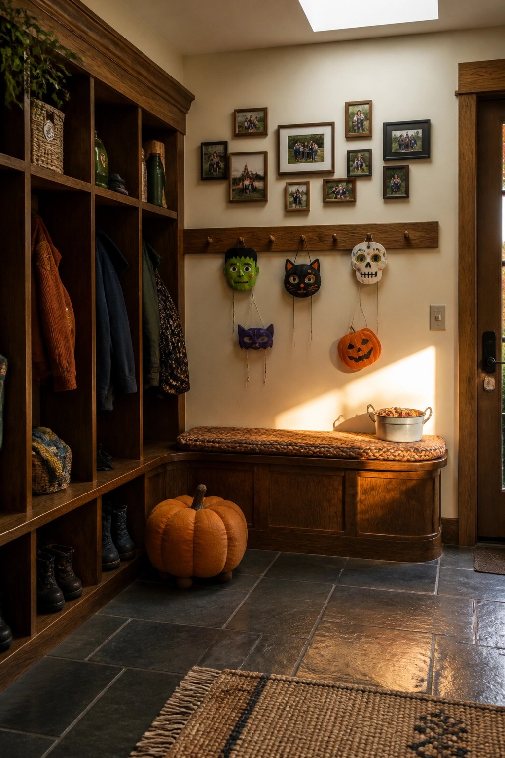 A wooden entryway with built-in shelves on the left, a cushioned bench along the wall, and several Halloween masks hanging from hooks above the bench.