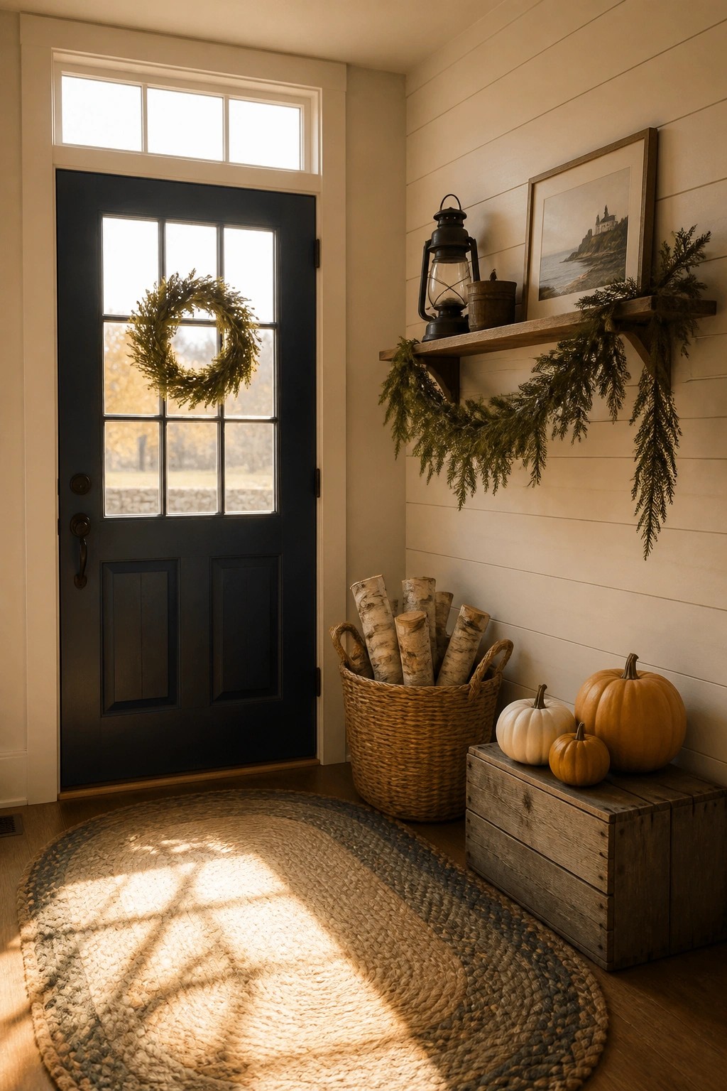 An entryway with a dark blue door, a wreath, a basket of birch logs, pumpkins on a wooden crate, and a wall shelf with a lantern and greenery.