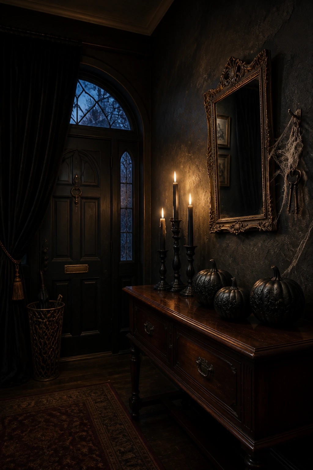 Dark gothic entryway with lit black candles, pumpkins, ornate mirror, and wooden table.