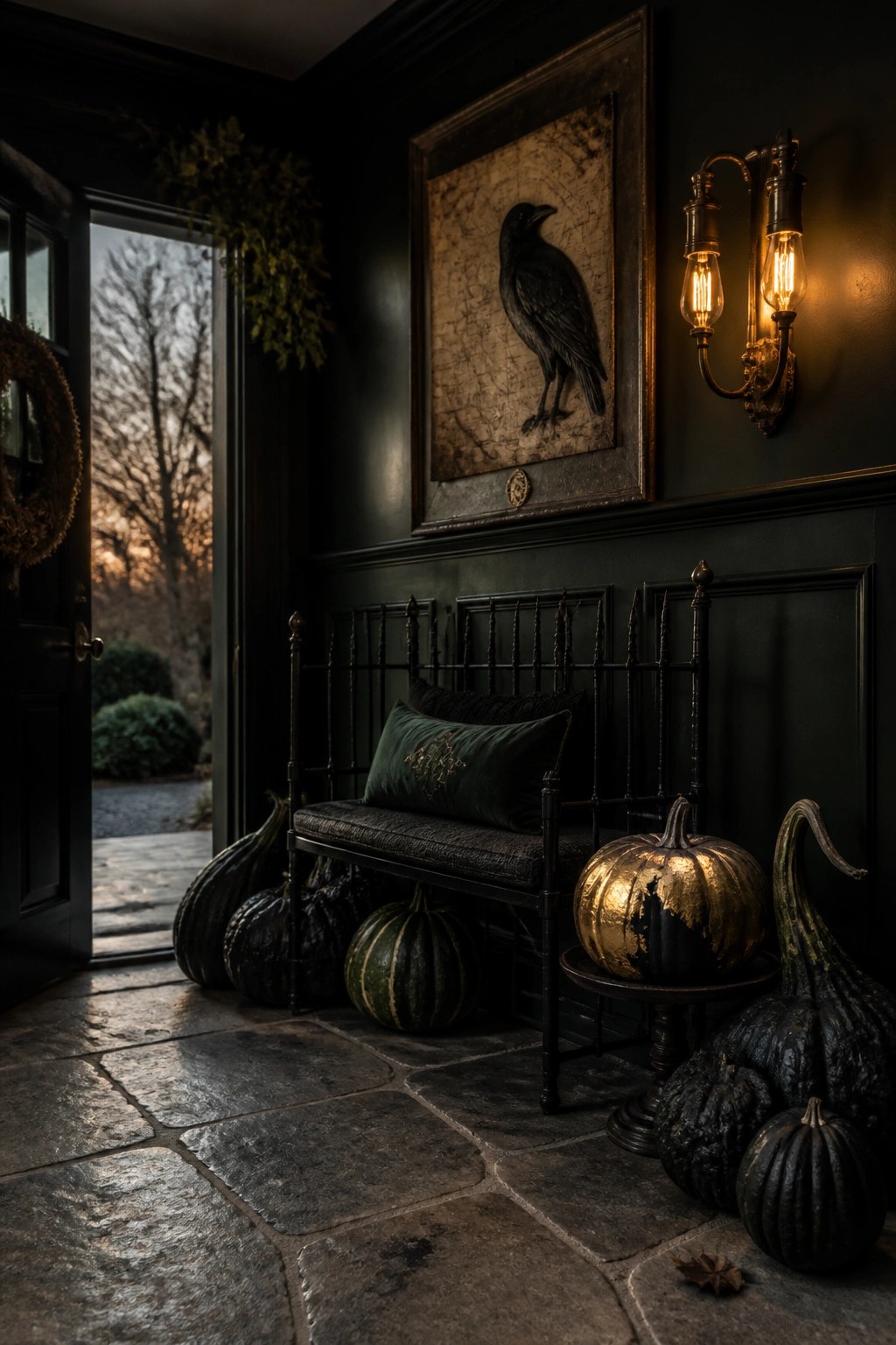 A dark green entryway with a black metal bench holding green pillows, several black and gold pumpkins on the floor and a small table, a large framed crow print on the wall, and an open front door showing a stone path outside.