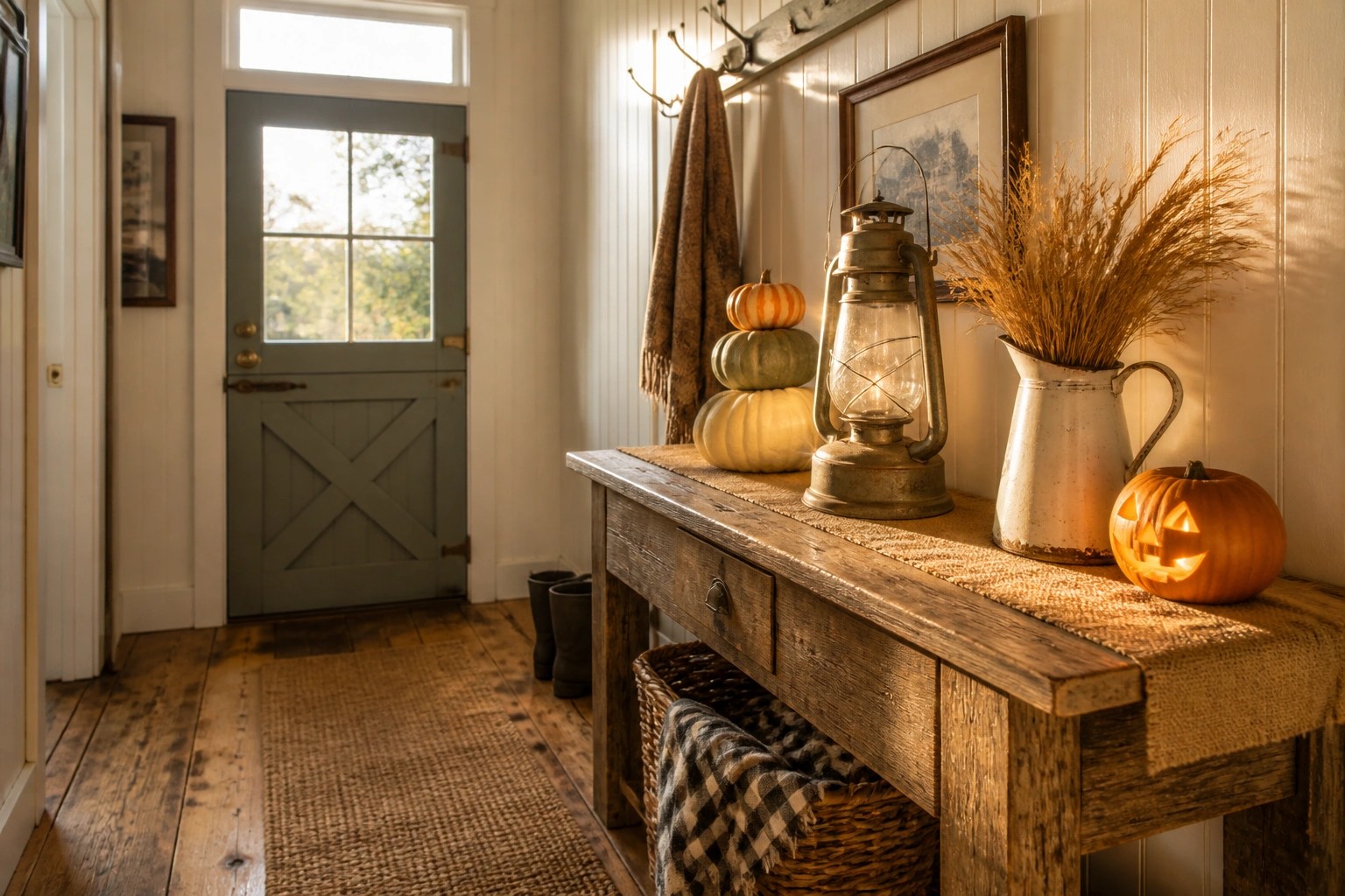 A rustic wooden console table in a home entryway holds stacked pumpkins, a lit lantern, a white pitcher with dried grass, and woven baskets underneath, with a gray door and jute rug visible.