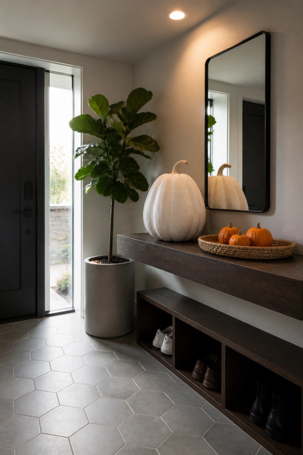 Modern entryway with potted plant, white pumpkin on console, mirror, and shoe storage.