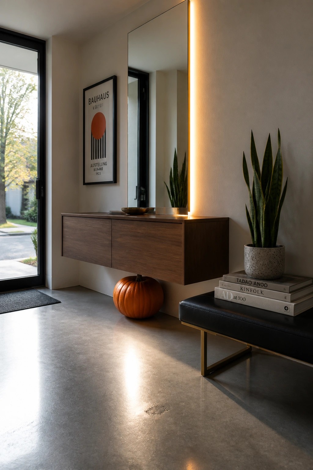 A modern entryway featuring a floating dark wood console under a tall backlit mirror, a black bench holding stacked books and a potted snake plant, and an orange pumpkin resting on the concrete floor beside the console.