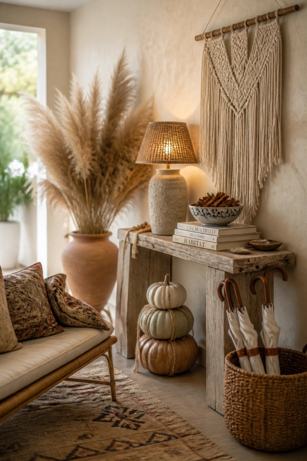 Cozy rustic nook with wooden console, lit lamp, stacked books, pumpkins, and macrame wall hanging