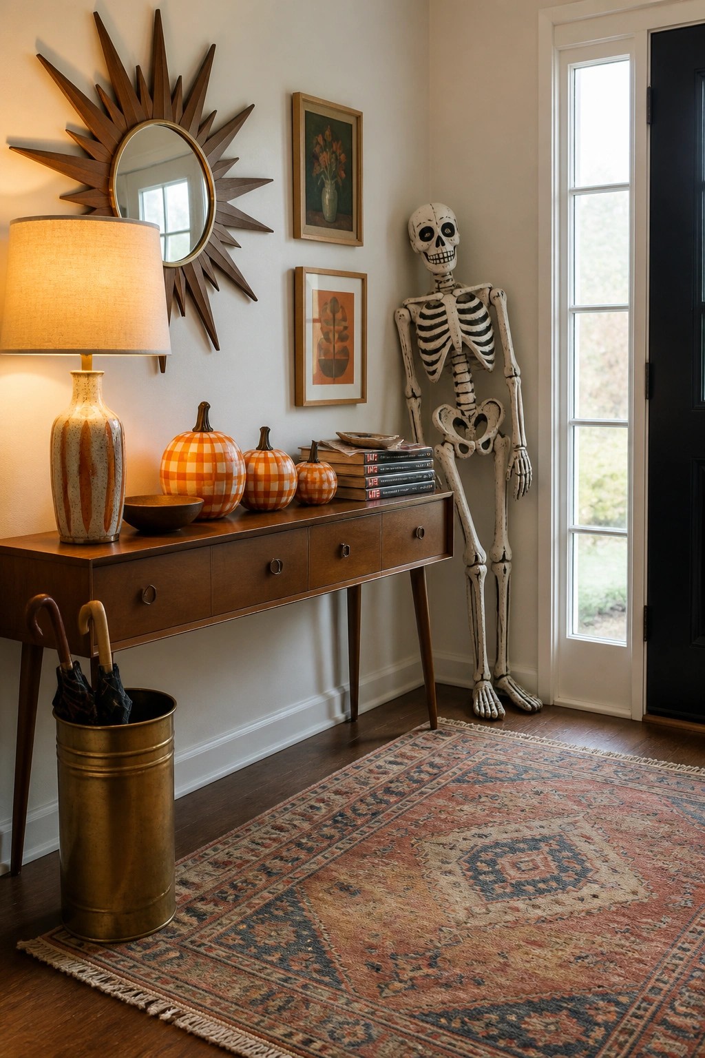 A life-size skeleton stands beside a wooden console table holding pumpkins, books, and a lamp in a home entryway with a patterned rug on the floor.