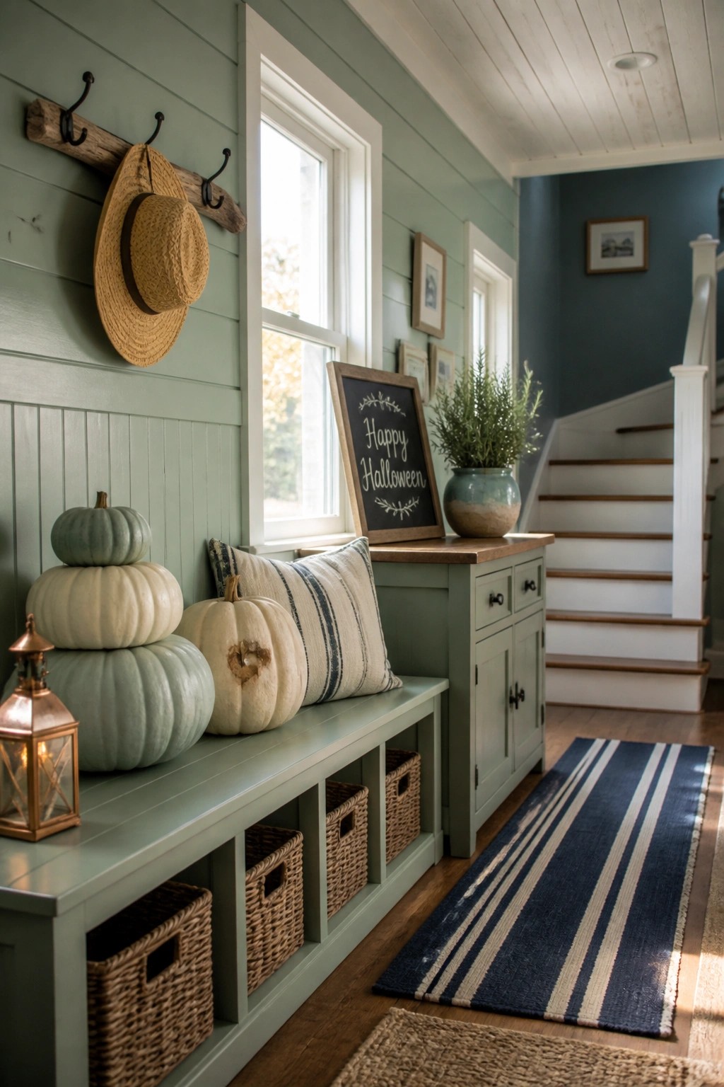 Sage green bench with pumpkins, Halloween chalkboard, striped rug, and staircase.
