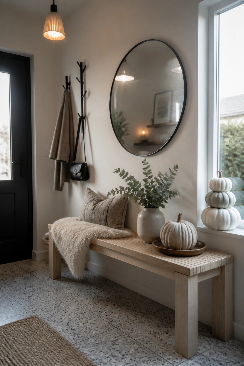 Cozy entryway with wooden bench, round mirror, white pumpkins, and beige coat rack