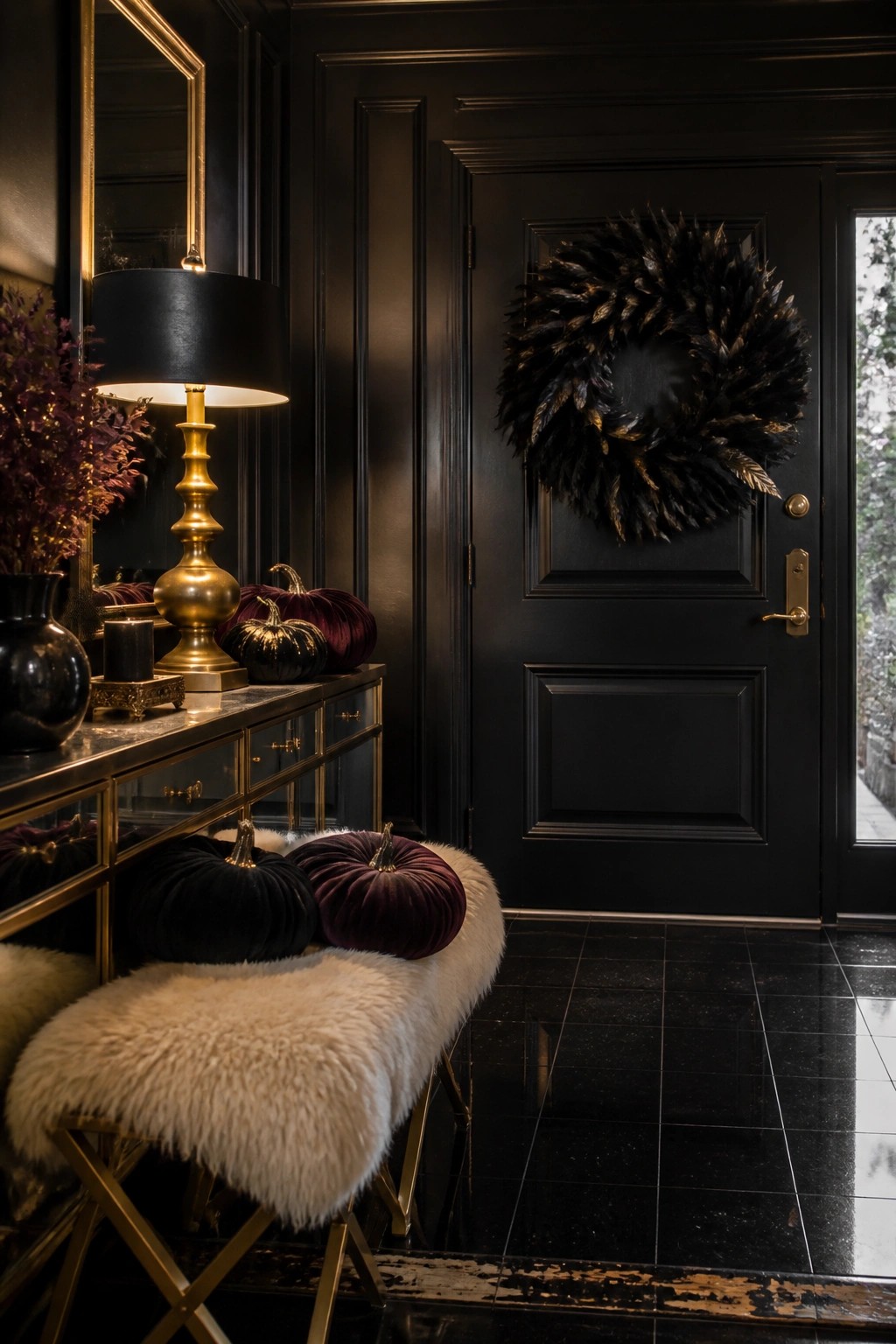 A dark interior entryway featuring a black door with a large black feather wreath, a gold console table holding a lamp and velvet pumpkins, and a white fur bench with additional black and purple velvet pumpkins in front.