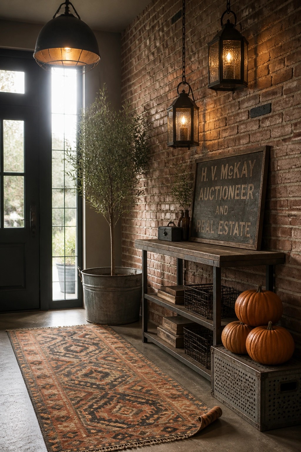 Rustic brick entryway with wooden console, hanging lanterns, pumpkins, and patterned rug.