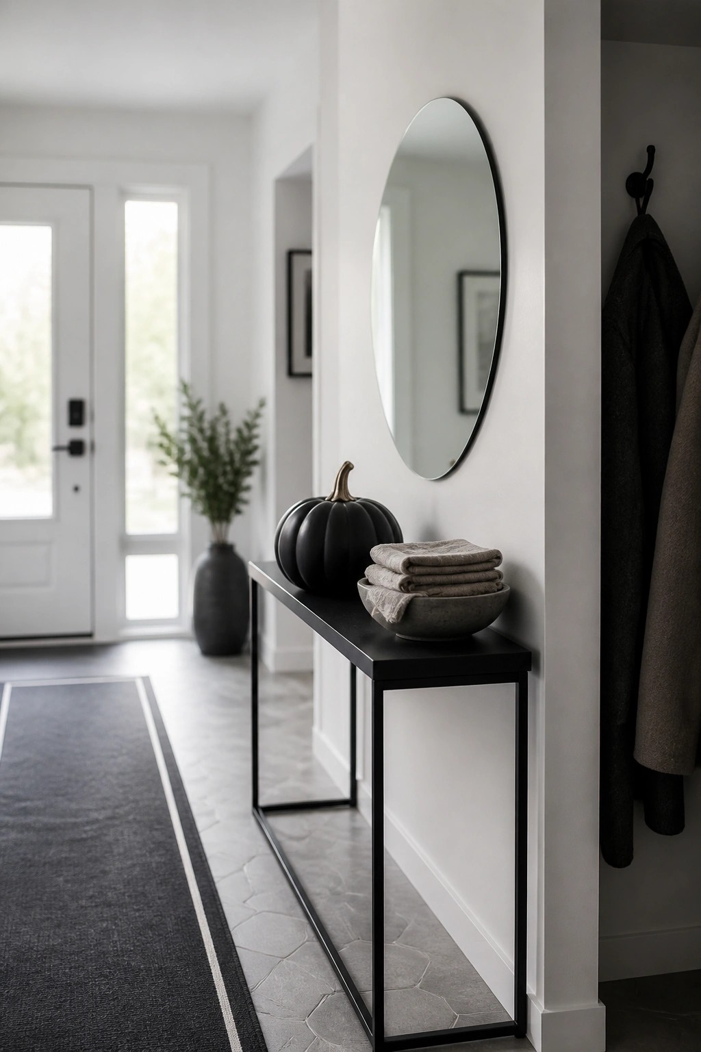 A minimalist entryway shows a black console table holding a black pumpkin and a bowl of folded towels beneath a round mirror, with a white front door visible in the background.