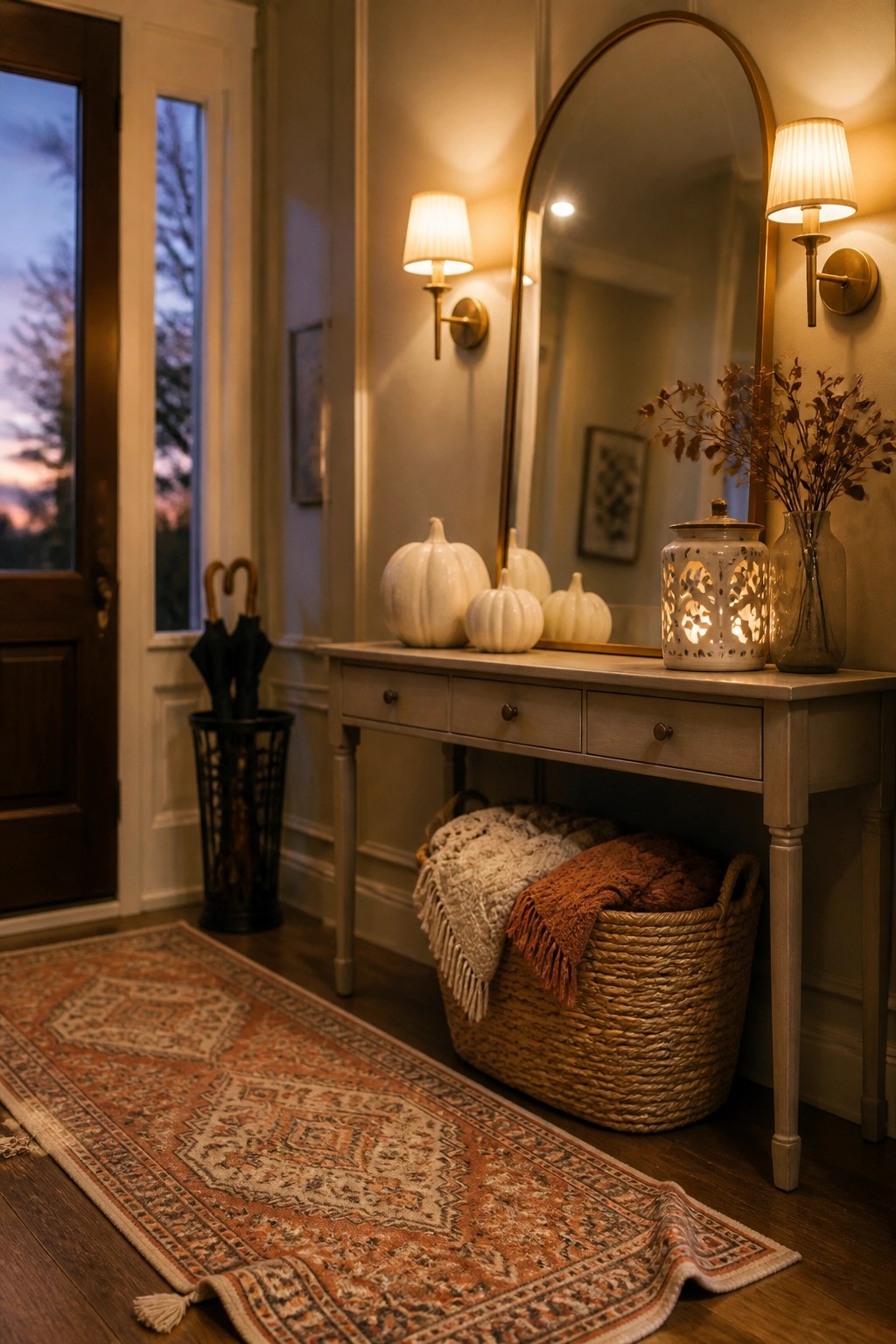 A foyer interior showing a light wood console table with several white pumpkins, a ceramic lantern, and a glass vase of dried branches beneath a large arched mirror, with a patterned runner rug on the wood floor.