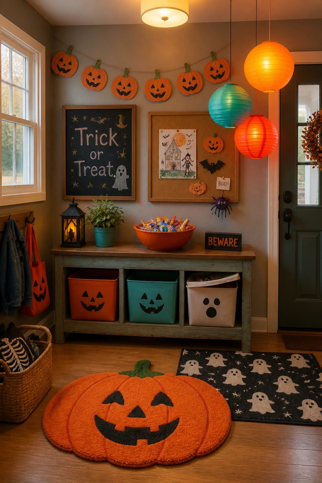 An interior entryway with a wooden bench holding an orange bowl of candy, a chalkboard, and three storage bins below with jack-o'-lantern and ghost faces.