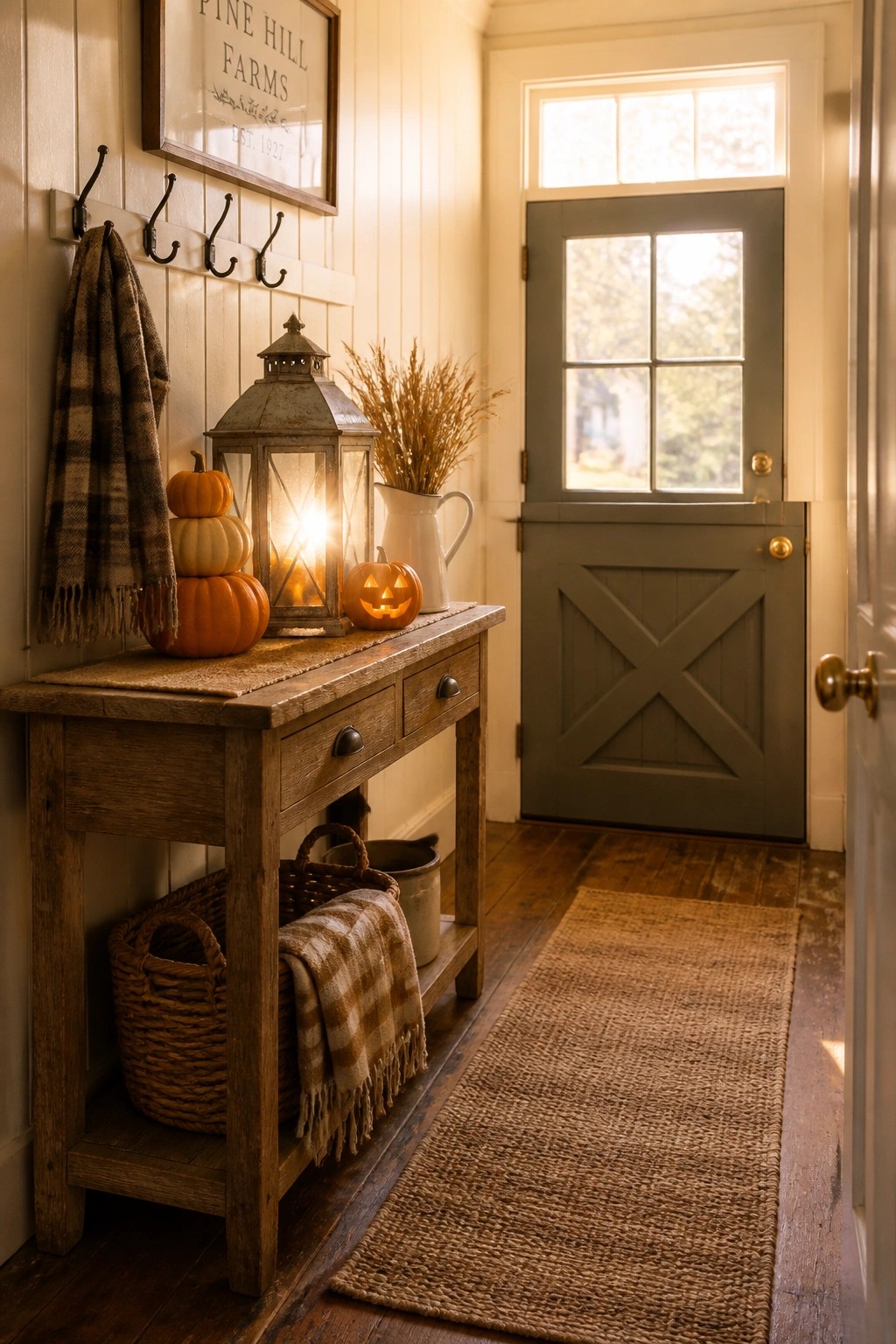 A rustic wooden console table in a home entryway holds stacked pumpkins, a lit lantern, a white pitcher with dried grass, and woven baskets underneath, with a gray door and jute rug visible.