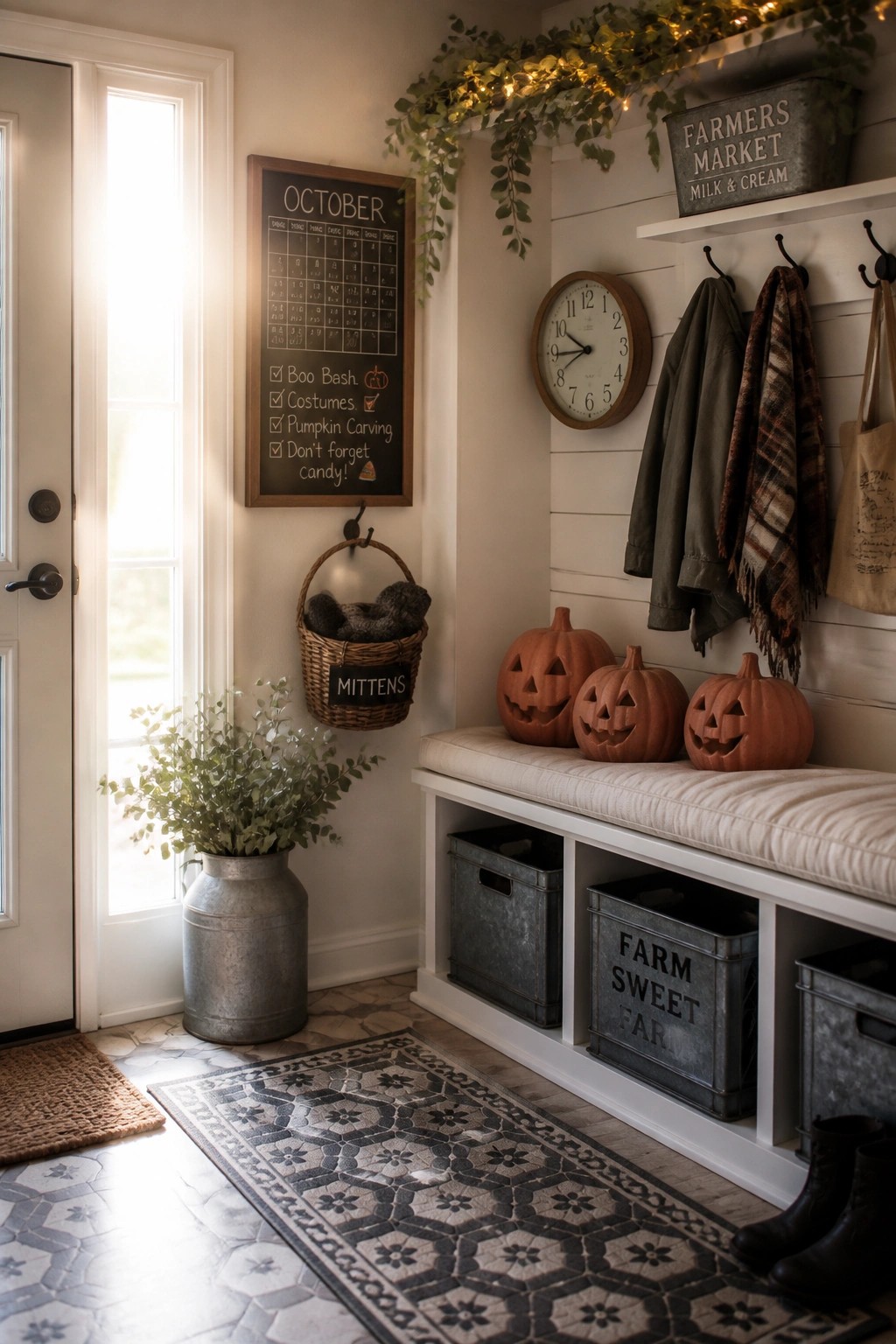 Cozy farmhouse entryway with carved pumpkins, October chalkboard, hanging coats, and storage bench.
