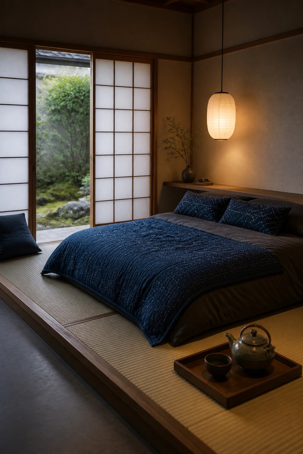 A low wooden platform bed covered with a textured dark blue quilt and two dark patterned pillows sits on tatami mats in a room with open shoji screens.