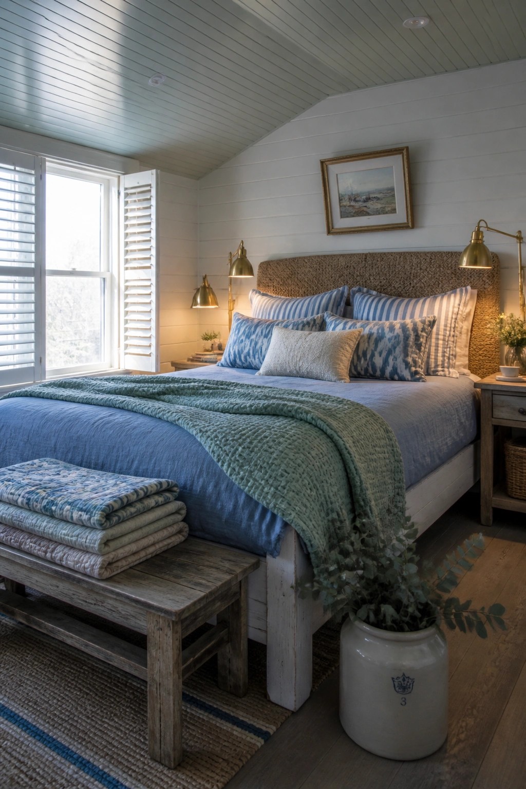 A bedroom with a bed dressed in blue linens topped by a green textured throw, an assortment of striped and patterned pillows, brass wall lamps, and a wooden bench holding folded quilts.
