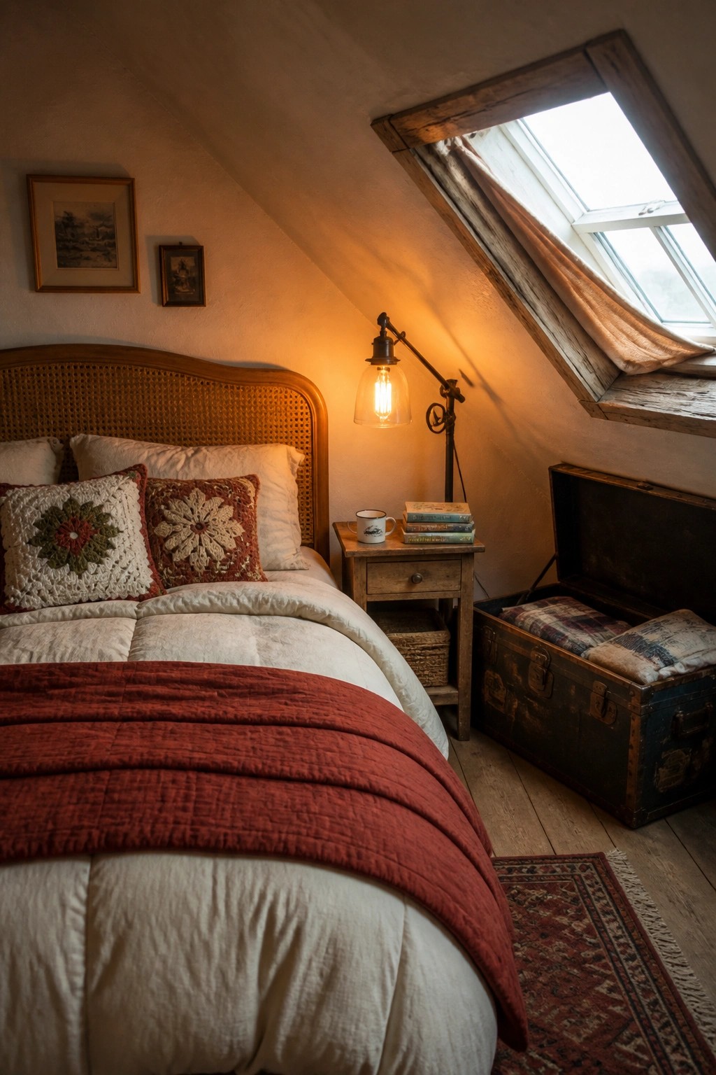A bedroom with a bed layered in white linens topped by a red quilt, a woven headboard, a lit adjustable lamp on a small wooden table, and an open skylight window.