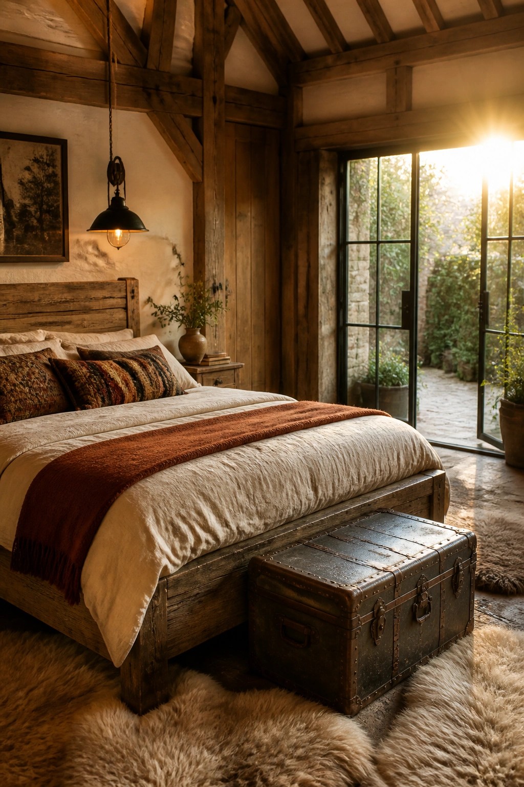 A rustic wooden bed with neutral linens topped by a rust throw, a vintage trunk at the foot, and open doors leading outside.