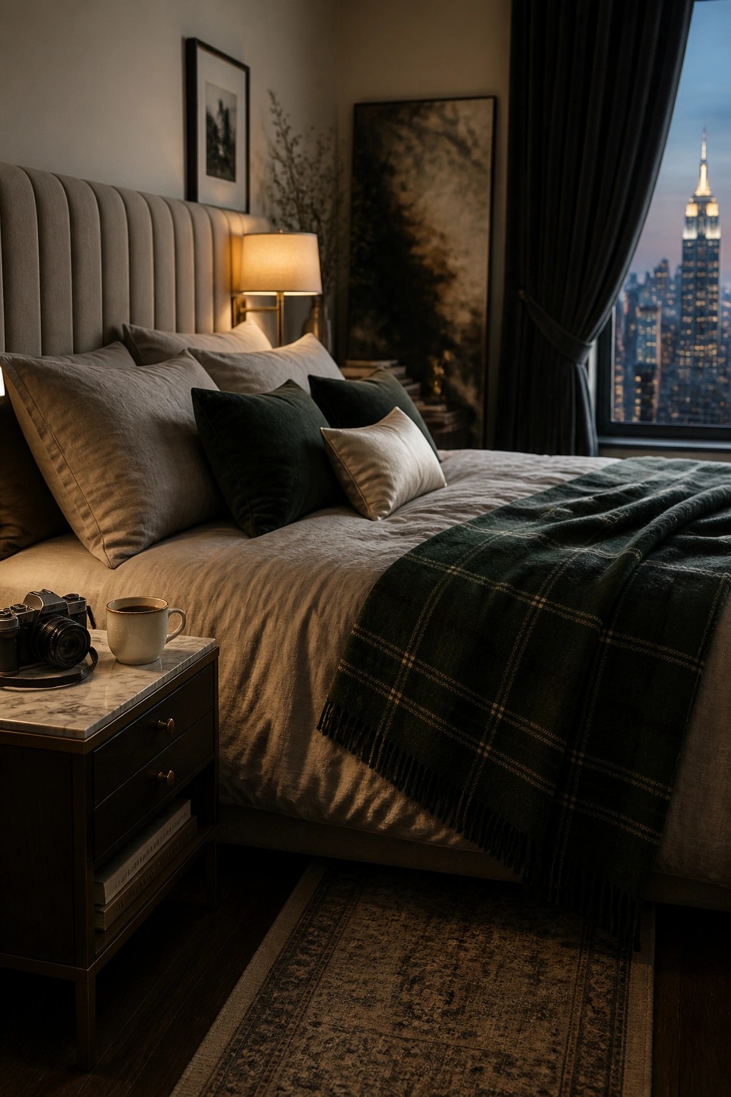A bedroom with a large bed dressed in neutral linens topped by a dark green plaid throw, several pillows, a marble-top nightstand, and a window showing a city skyline at dusk.