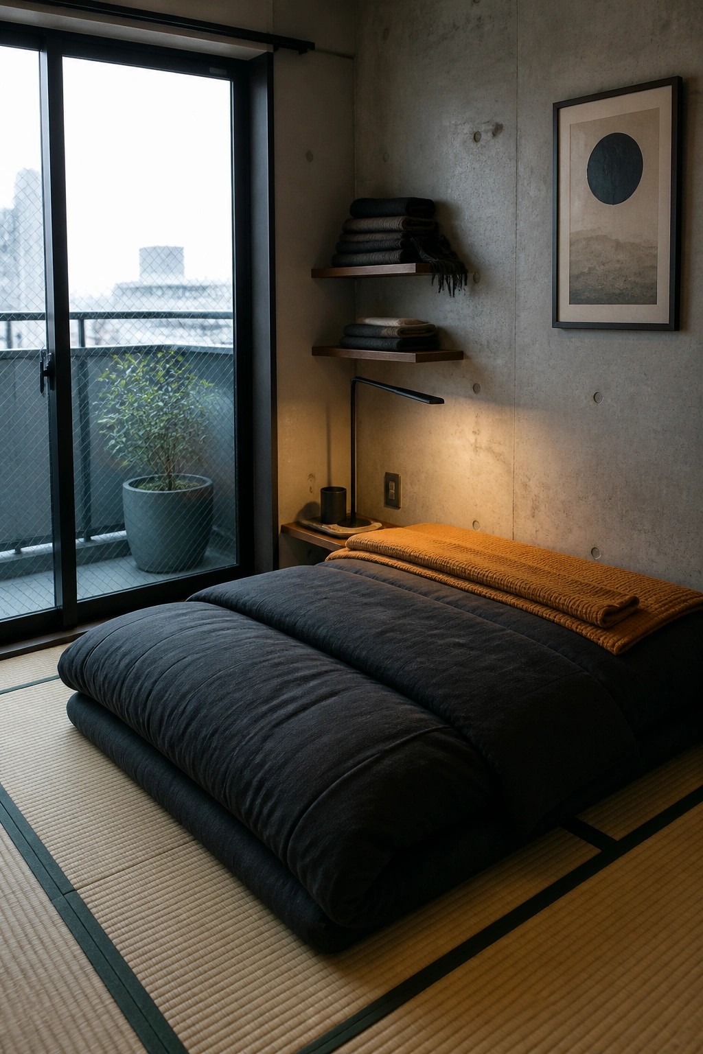 Minimalist Japanese bedroom with dark futon, orange blanket, and tatami mats on floor.