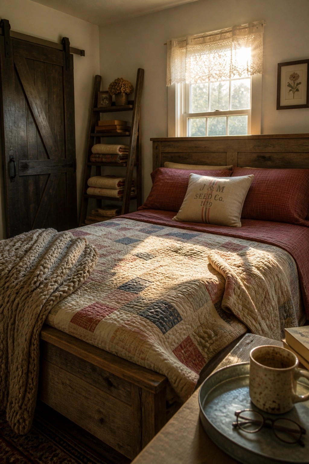 A rustic wooden bed made with a patchwork quilt in red, blue, and cream tones, layered with red pillows and a chunky knit throw, set in a bedroom with a sliding barn door and a window letting in sunlight.