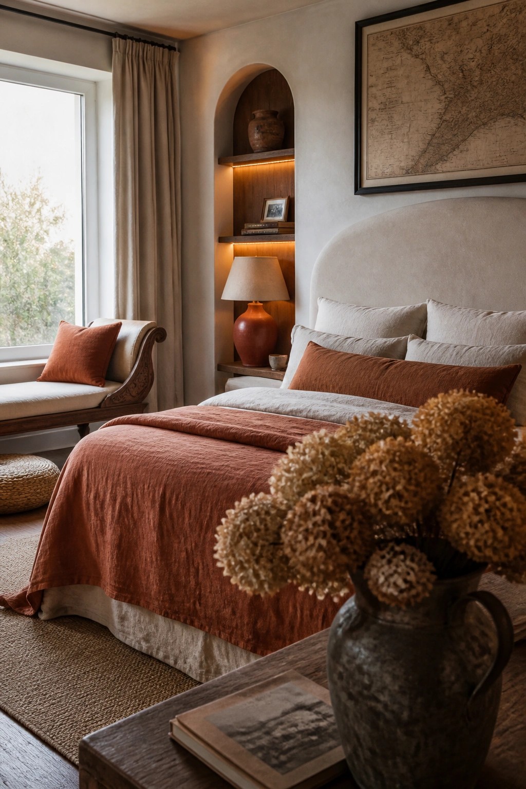 A bedroom with a large bed dressed in terracotta and beige linens, an arched built-in shelf with warm lighting, and a window seat with an orange pillow.