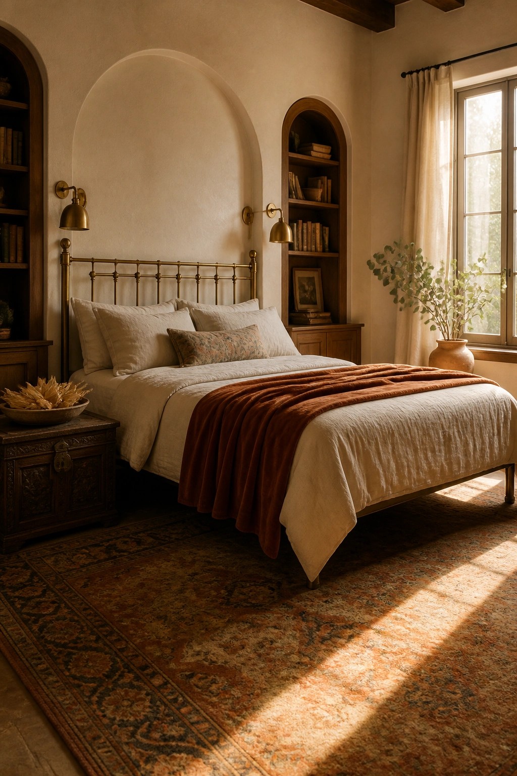 A bedroom featuring a brass bed with layered neutral linens, a rust throw blanket, arched built-in bookshelves, and a patterned rug on the floor.