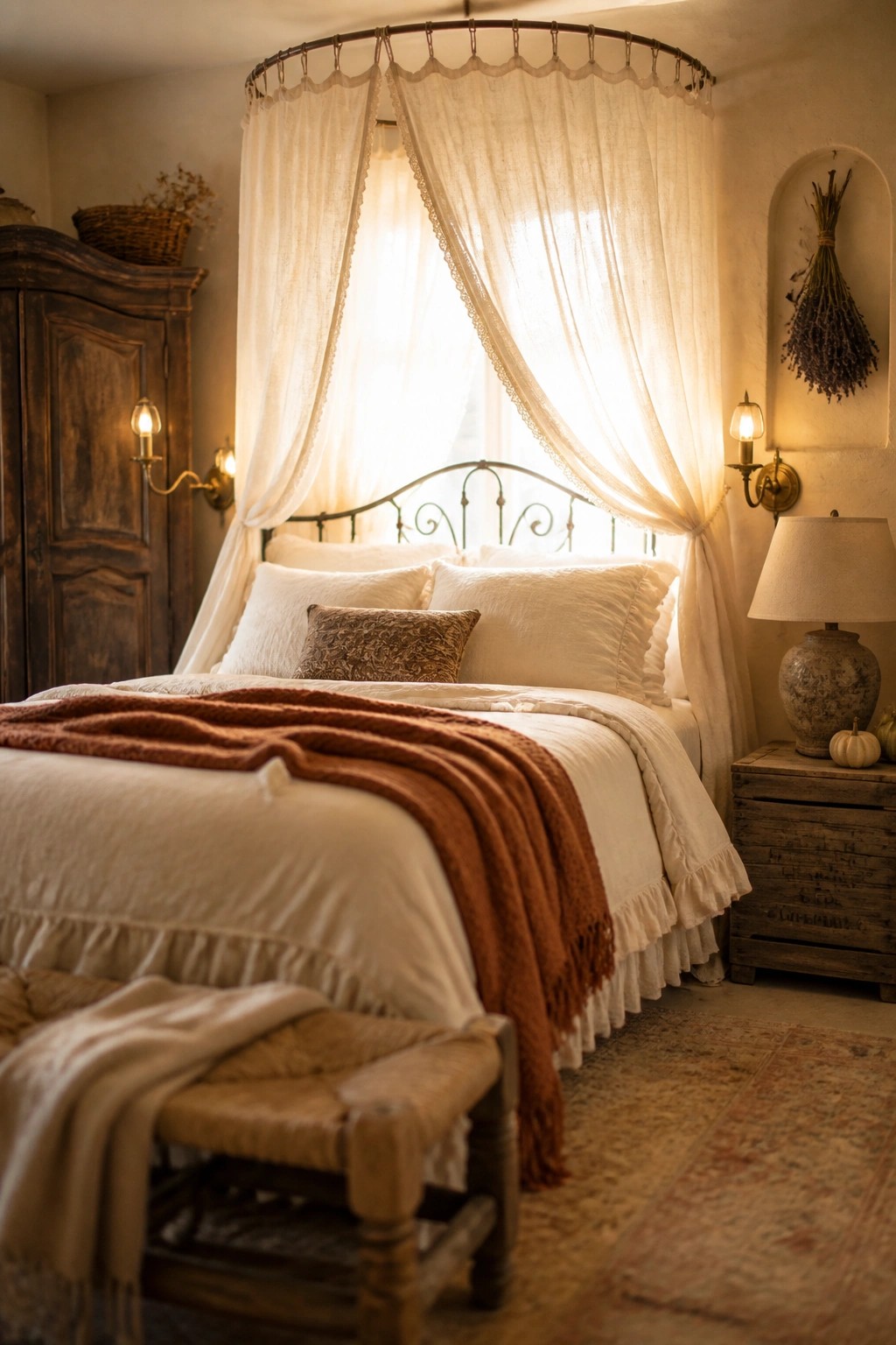 A bedroom featuring a canopy bed with white linens, a rust throw blanket, wooden furniture, and wall sconces.