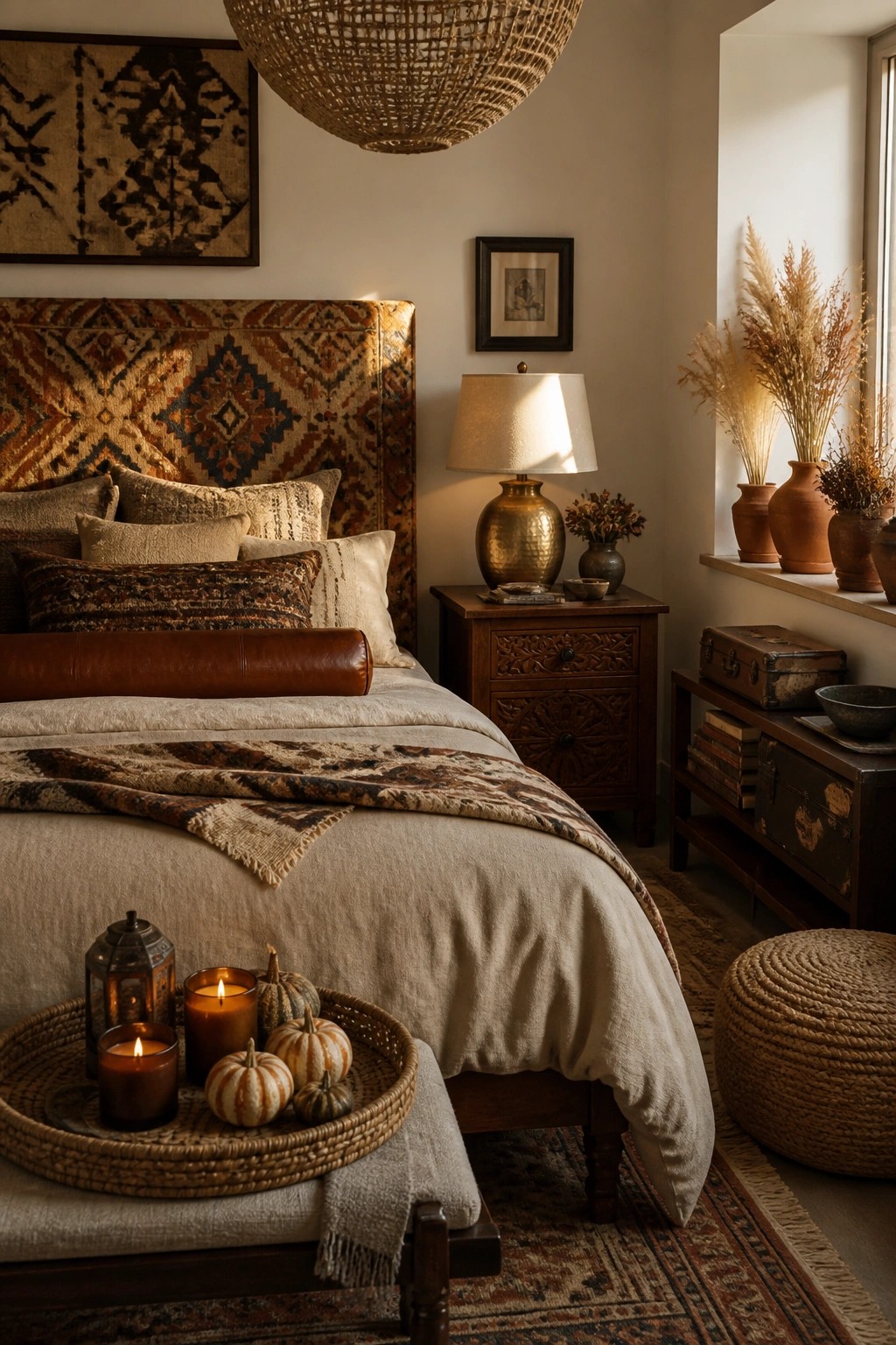 Cozy bohemian bedroom with patterned headboard, lit candles, and pumpkins