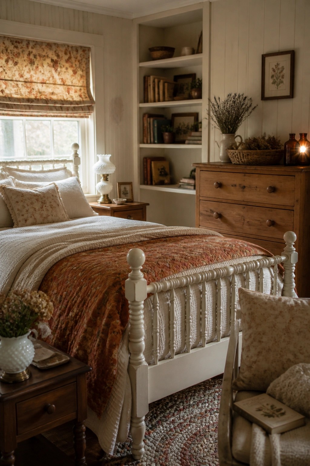 Cozy vintage bedroom with white iron bed, floral quilt, wooden dresser, and bookshelves.