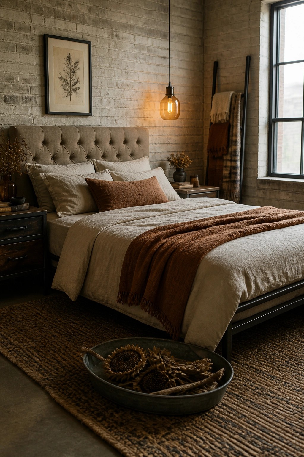 A bedroom with a tufted beige headboard, layered neutral and rust linen bedding, a hanging pendant light, and dried sunflowers in a metal tray on the floor.