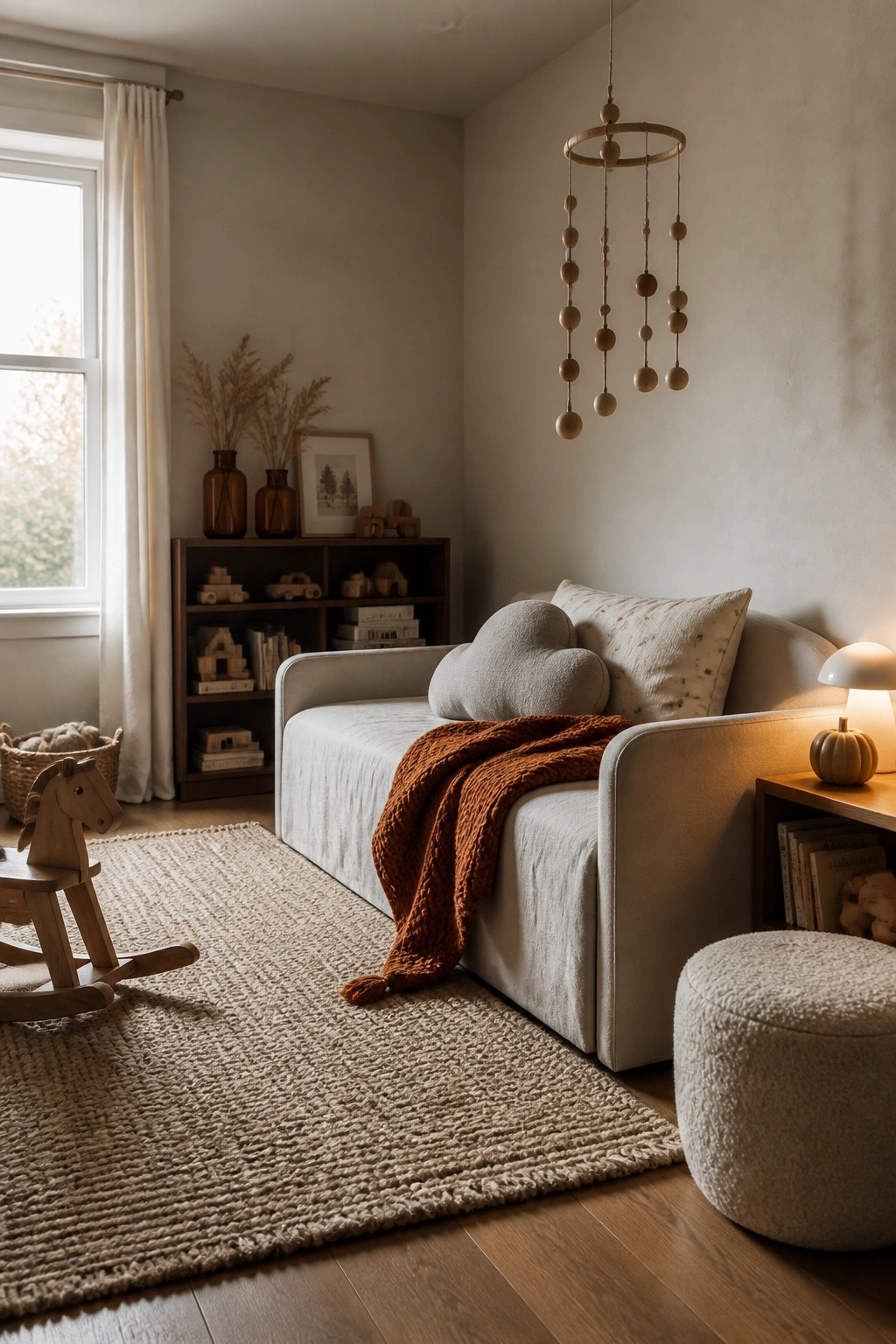 A neutral-toned children's room featuring a light sofa with an orange knit throw, a wooden rocking horse on a textured rug, and a low wooden shelf with toys and books.