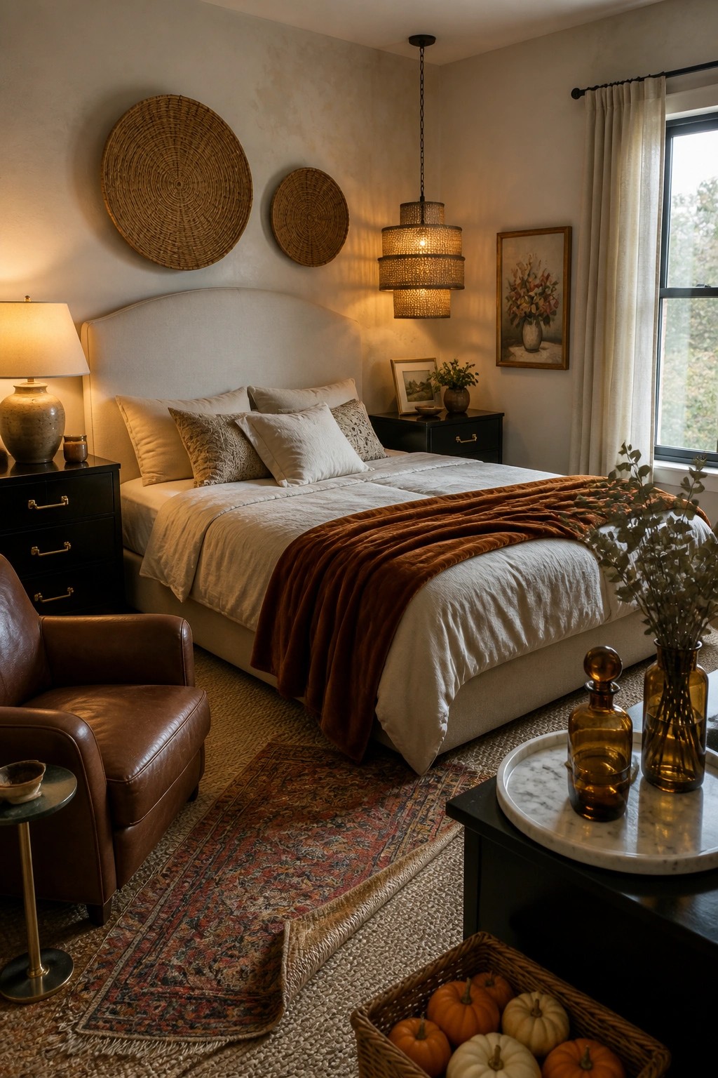A bedroom with a bed covered in white linens and a rust-colored throw, dark nightstands, woven wall decor, a leather armchair, and small pumpkins in a basket on the floor.