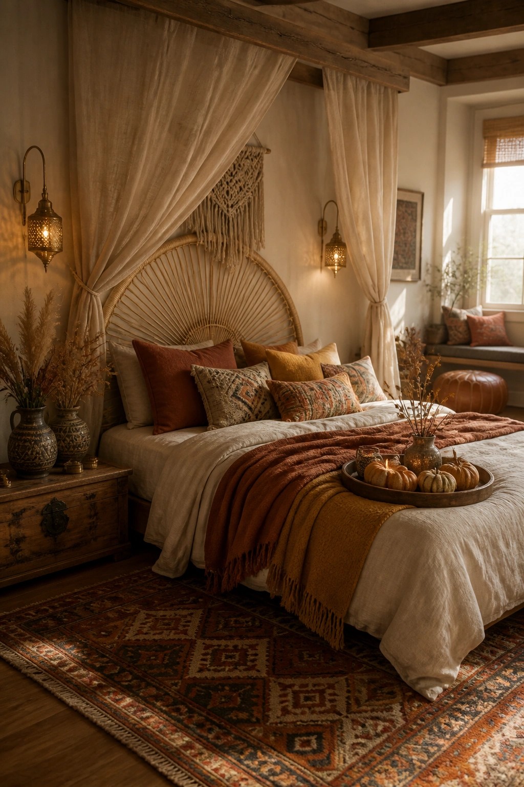 A bedroom with a large bed dressed in layered neutral and warm-toned textiles, a woven headboard, wall sconces, and small pumpkins arranged on a tray.