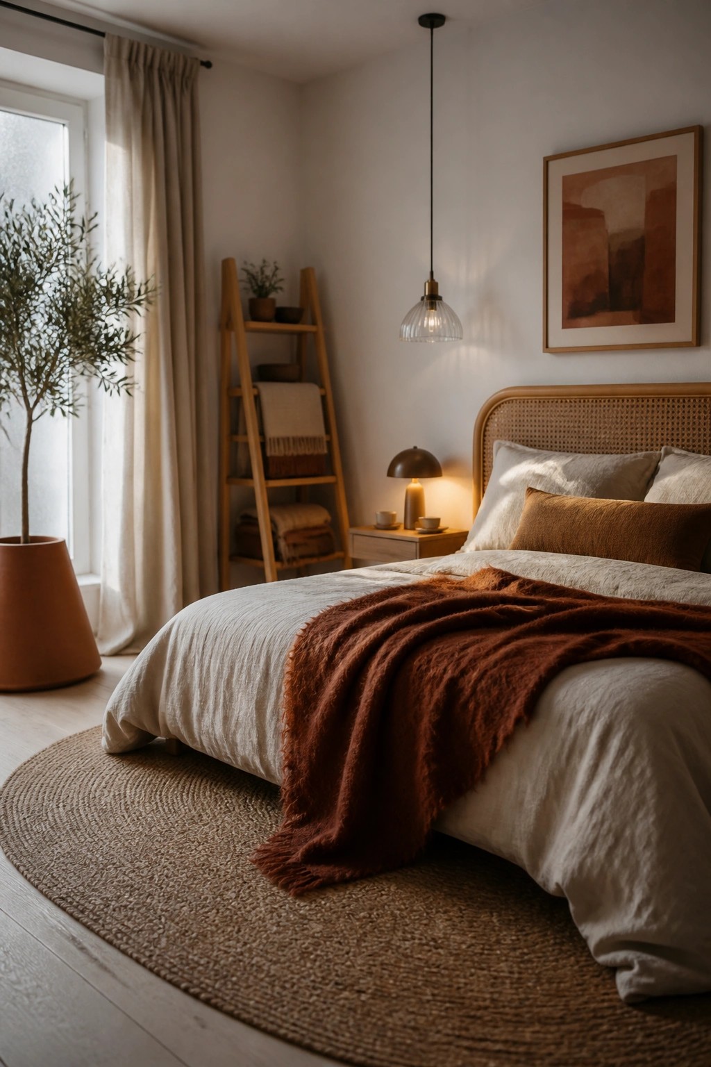 A bedroom featuring a bed with white linens and a rust-colored throw blanket on a round jute rug, with a wooden ladder shelf and potted tree nearby.