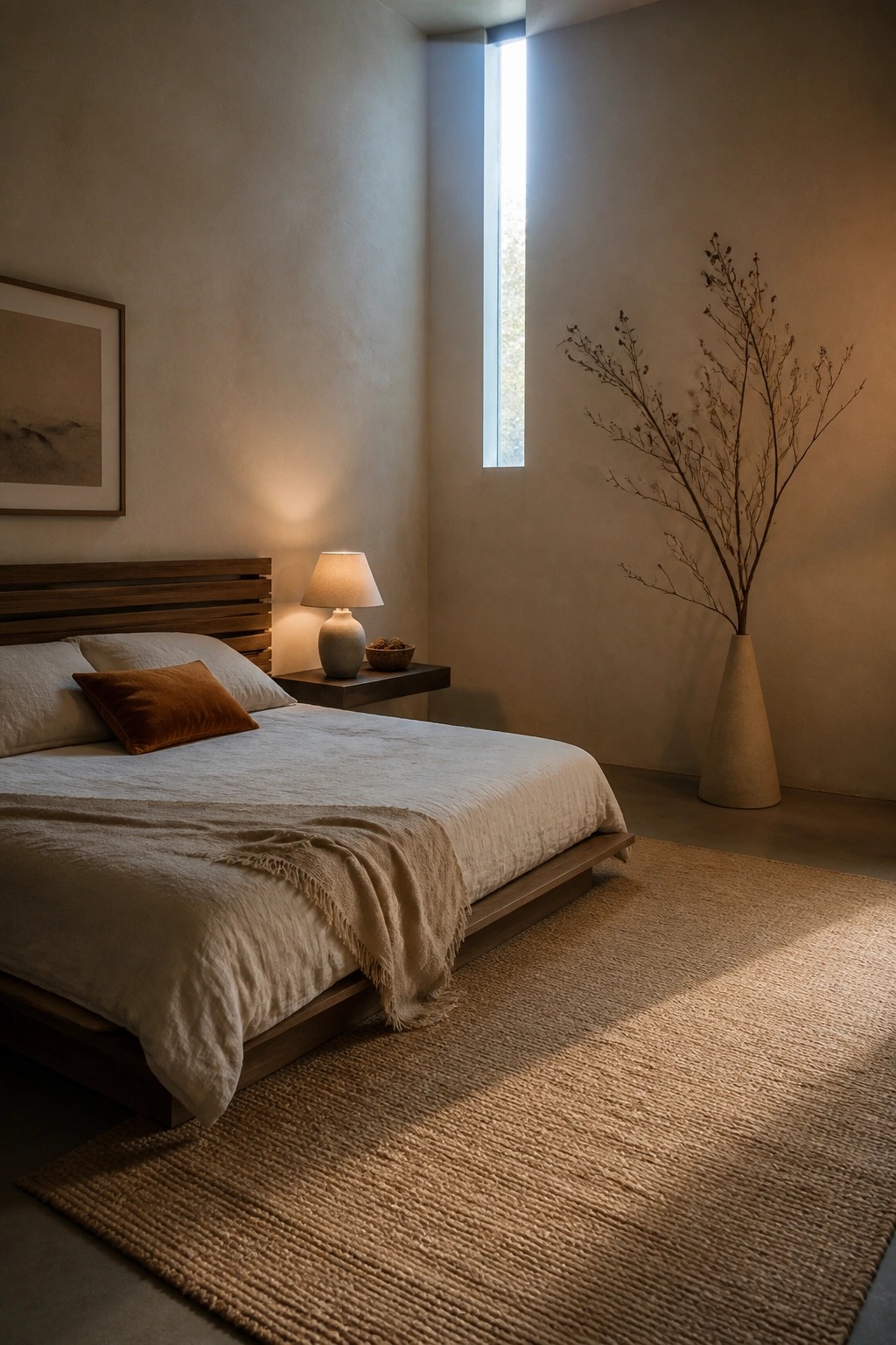A bedroom with a low wooden platform bed in white linens and one brown velvet pillow, a floating nightstand with a lamp, a tall vase holding dried branches, and a large woven rug on the floor.