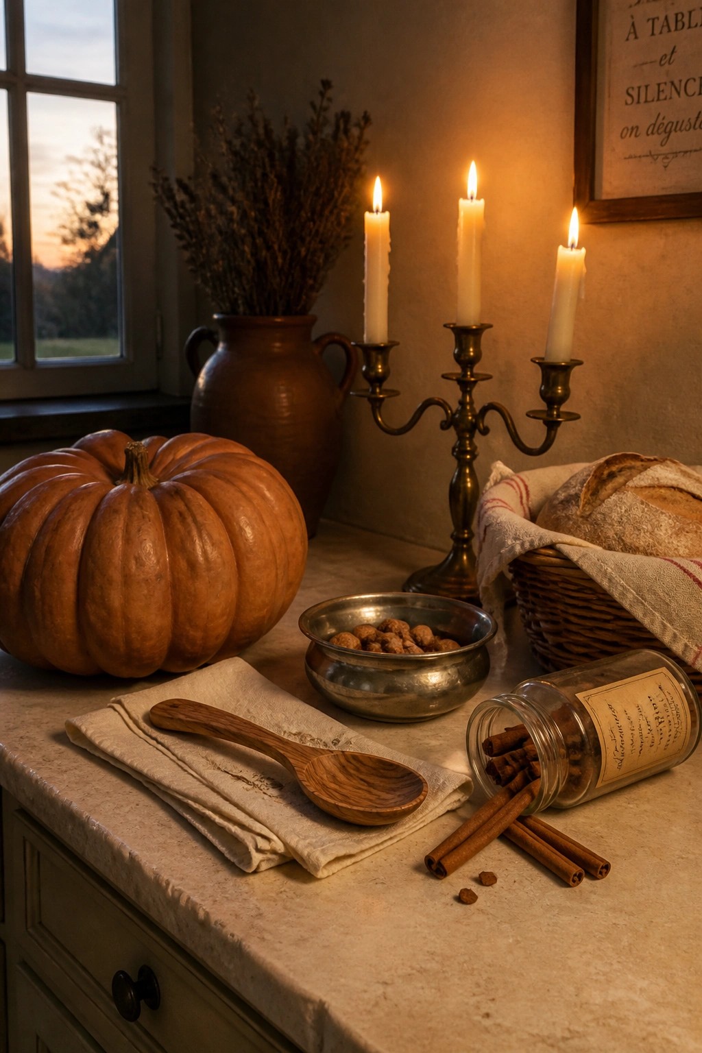 A kitchen countertop with a large orange pumpkin, a brass candelabra holding three lit candles, a metal bowl, a wooden spoon on a linen cloth, a basket of bread, and a spilled jar of cinnamon sticks.